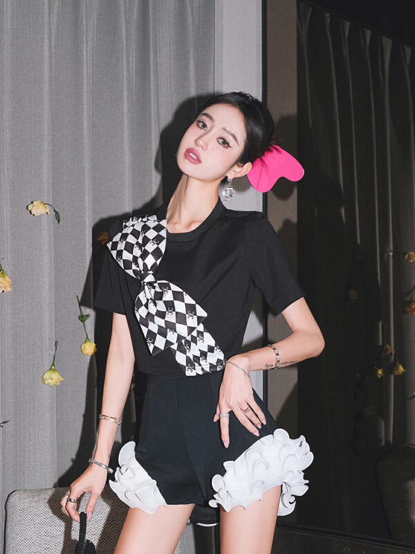 [Alala] small minority design black round neck bow tie checkerboard design sense blouse (non detachable bow tie) s1363# JJ