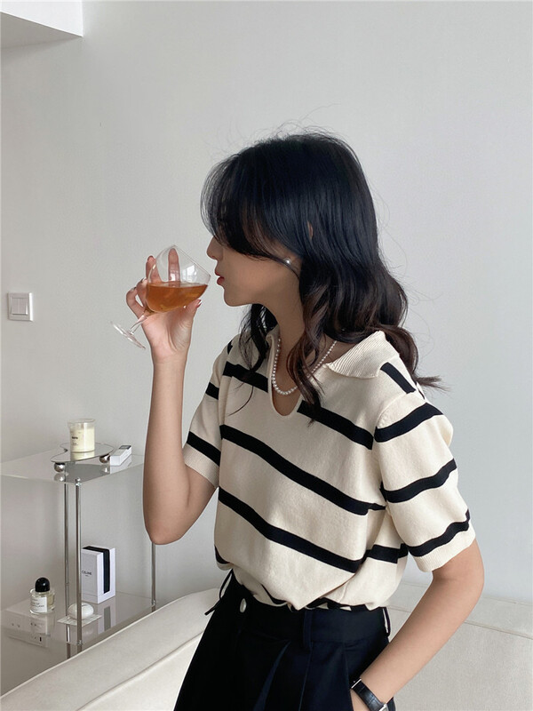【IN BY IN】Polo領撞色條紋短袖針織衫  0868#  ZJY