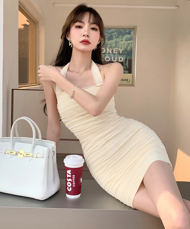 [x · h studio] pure desire for style and self-cultivation mesh neck sling dress 906# ozq