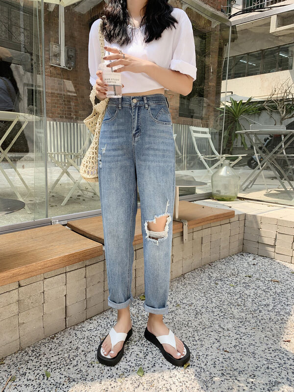 New in early summer! [x2 square] Korean casual loose hole radish pants jeans 1968# ll