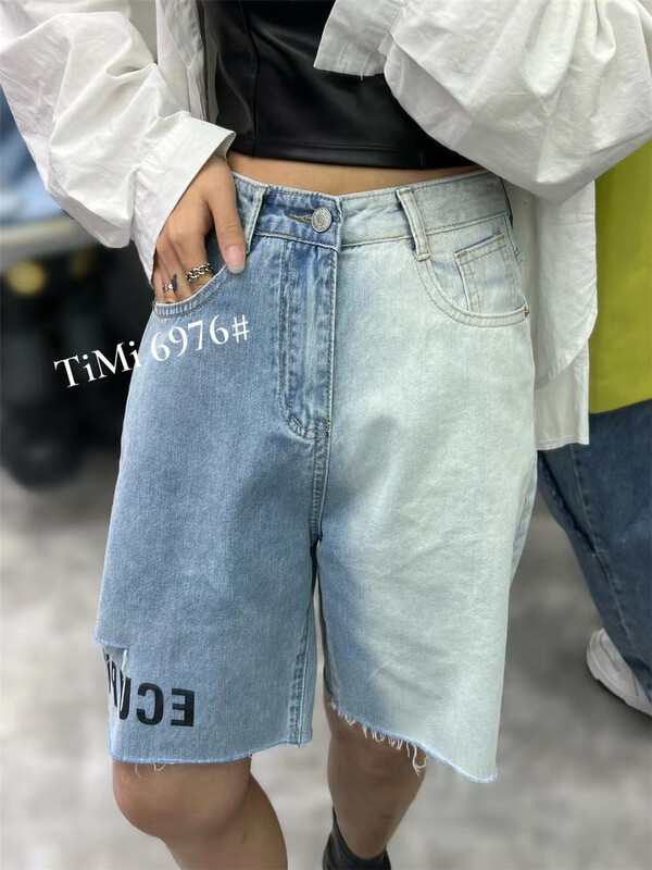 goods in stock! New in early summer! [TIMI] Street trend letter print color blocking hole five point denim shorts 6976# LSW