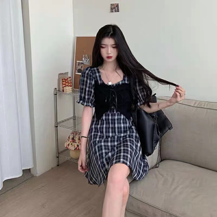 New in early summer! [are studio] design sense square neck Plaid Dress (with removable strap) 81077# WPL