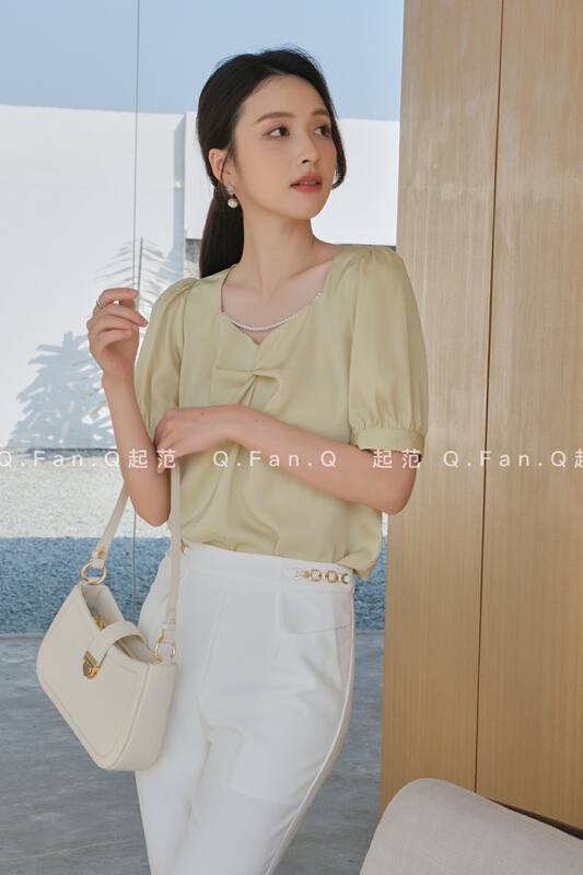 [style] French style square neck pleated shirt (with detachable pearl jewelry) 80002# JJ