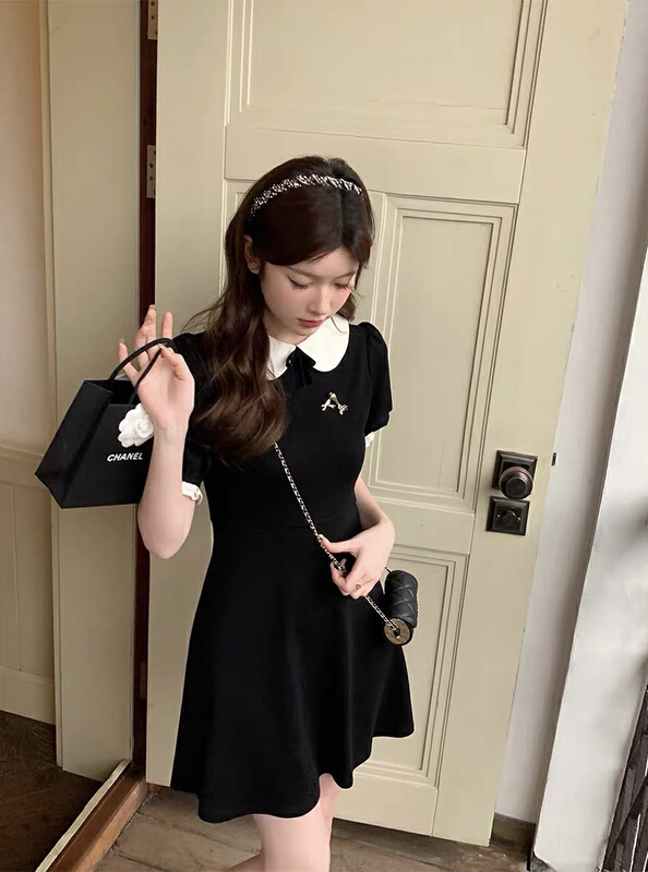 [smile baby] Korean version contrast color doll collar lace up bow bubble sleeve waistband slim A-line dress (with Brooch) b3036# WPL