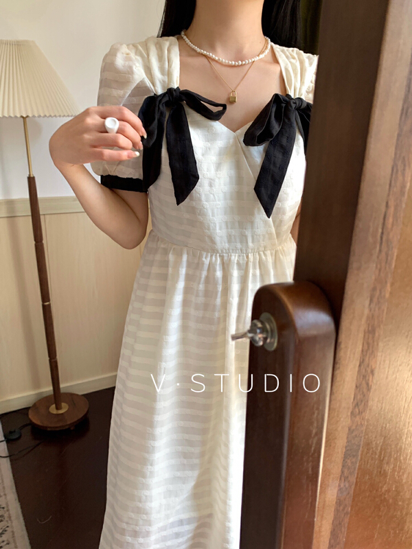 goods in stock! New in early summer! [v.studio] Han Feng lady temperament bow dress 5235# L