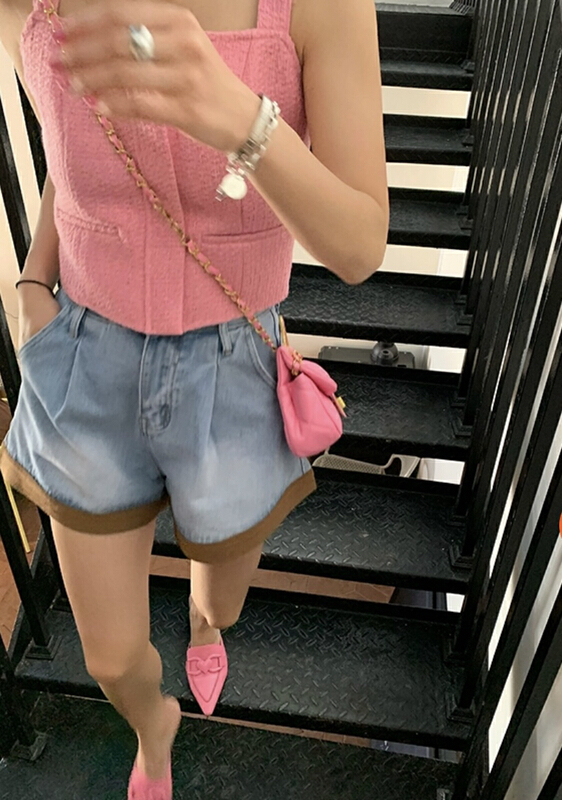 [K2 design] Korean color matching edge chain mouth red envelope denim shorts (with waist bag) d05# WTT