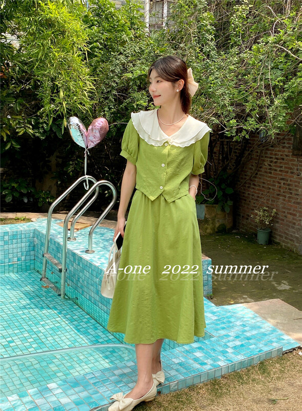 New in early summer! [A-One] Korean lady temperament double layer large lapel single breasted shirt + elastic waist suit 22086# hjy