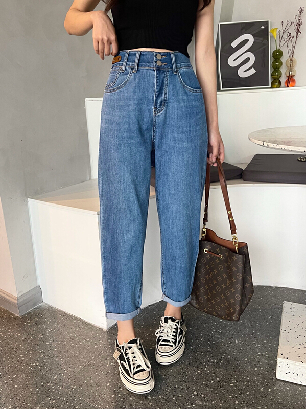 New in early summer! [en Xi'er] two button half elastic waist thin Harlan jeans k1381# L