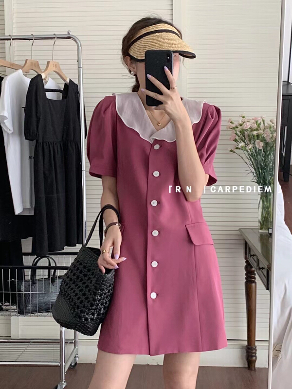 [R n] Korean version contrast color ruffled single breasted short sleeved dress (only dresses) 81086# ll