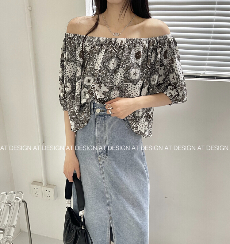 New in early summer! [at] bubble sleeve printed off shoulder shirt 93150# LSL