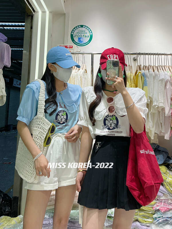 [Miss Korea] double layer doll neck cartoon short sleeve T-shirt 6618# HBx