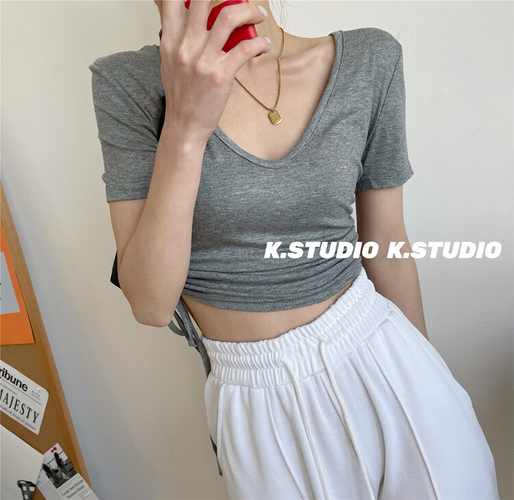 [Kim studio] V-neck side drawcord slim short sleeve T-shirt (without chain) 3381# PCZ