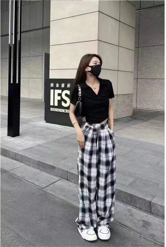 [ACS] color blocked Plaid straight casual pants 8688# ozq