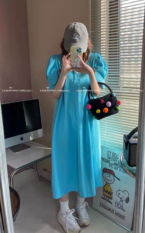 [le & Wong] Korean personalized loose foam sleeve polo collar dress 8350# WTT