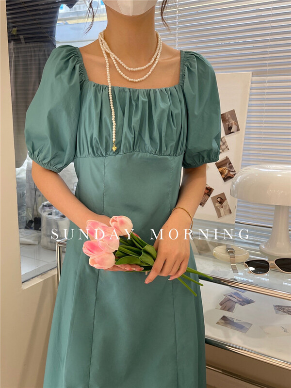 [Sunday morning] French style square neck bubble sleeve temperament dress 9105# zjy