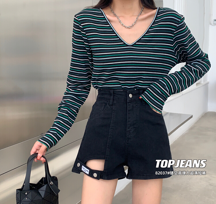 [top] hollowed out high elastic Korean denim shorts 82037-1# XJ
