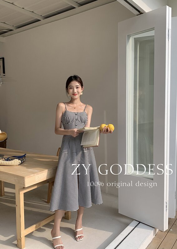 現貨!初夏上新!【ZY】韓版格子吊帶小眾設計連衣裙  68216#  OZQ