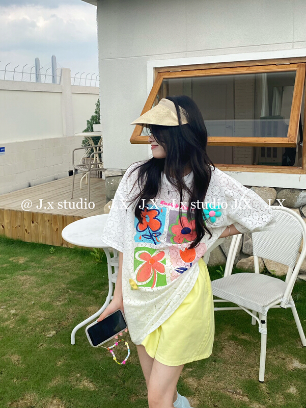 [JX] loose lace printed round neck short sleeve T-shirt t1061# WTT