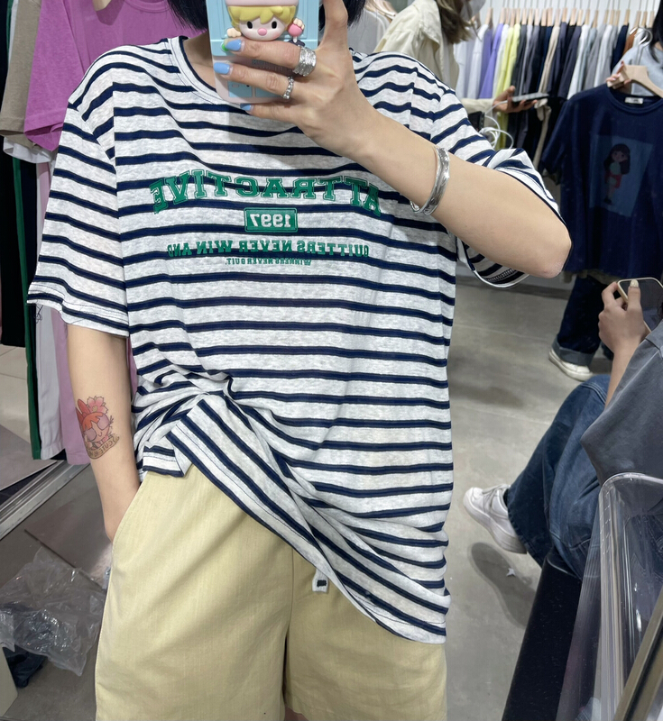 [two percent] linen stripe letter loose short sleeve T-shirt 1006# LSL