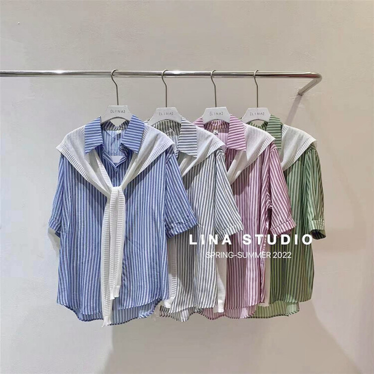 [Lina] Korean stripe comfortable shirt (with shawl) 8926# zxx