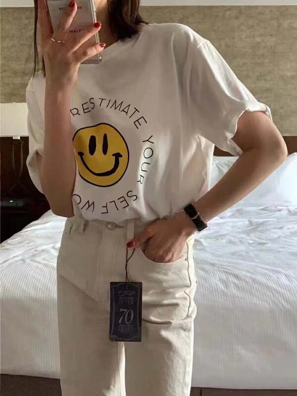 [love] casual Korean smiley face printed letters short sleeve T-shirt z0963# HBx