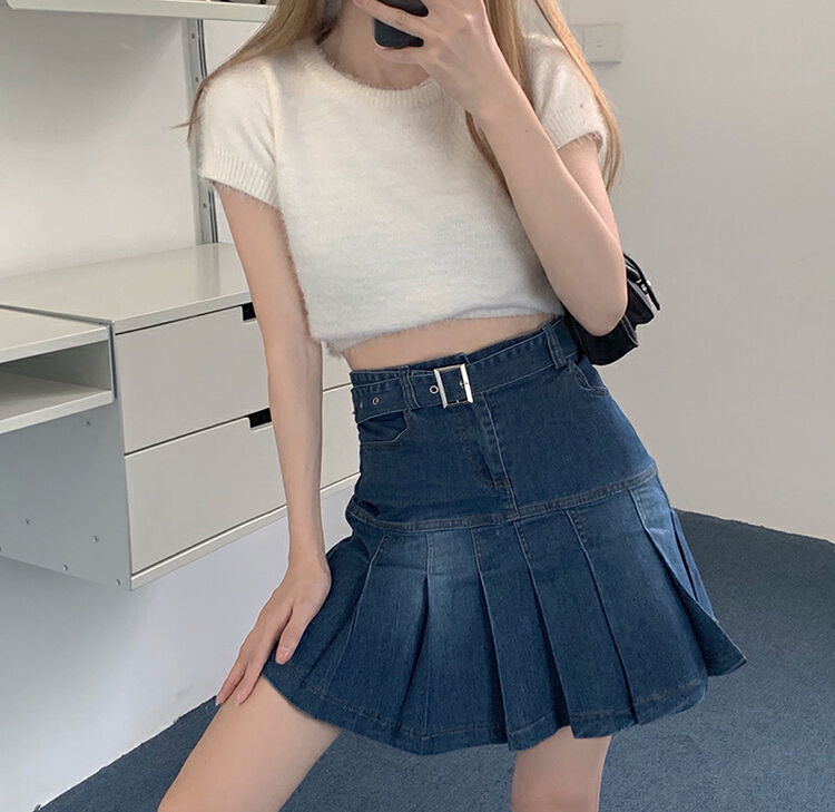 [a +] Korean Vintage high waist pleated denim skirt (with waist rope) 2009# WPL