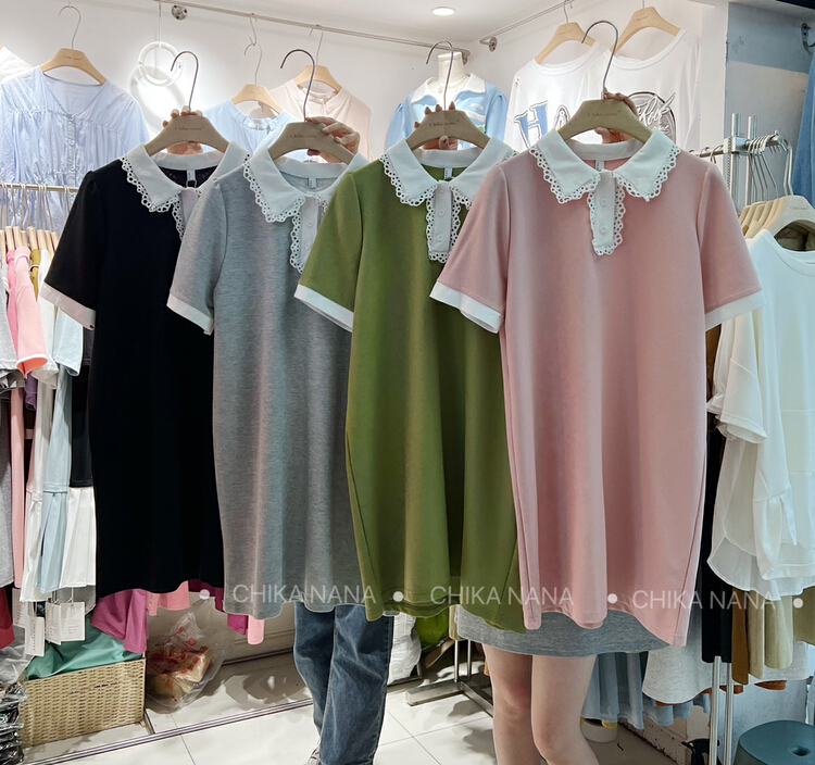 [Chika. Nana] Korean slim color blocked polo collar dress 7209# cqw