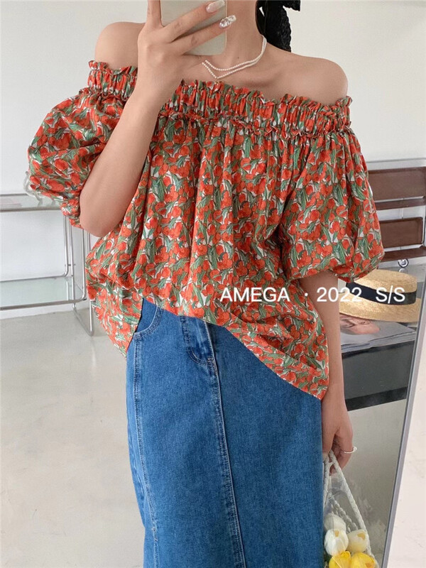 New in early summer! [amega] age reduced floral one shoulder shirt 6783# HBx