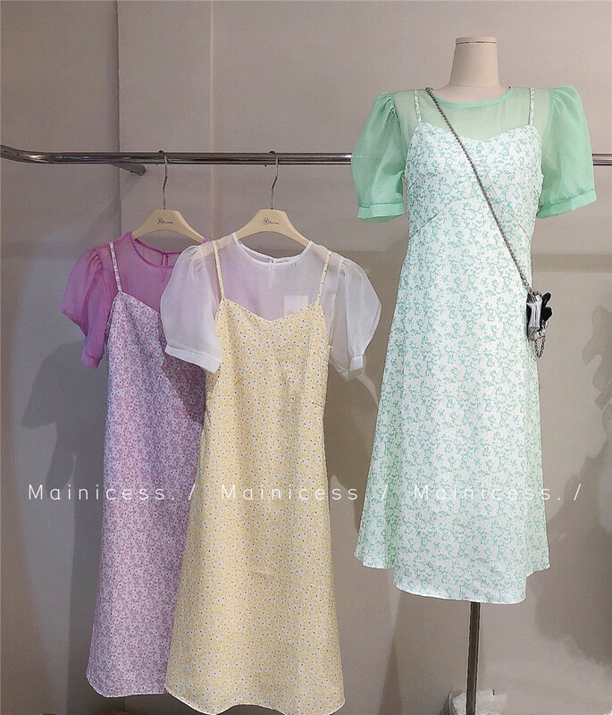 [mainice] round neck comfortable blouse + suspender lady dress set 3003# L