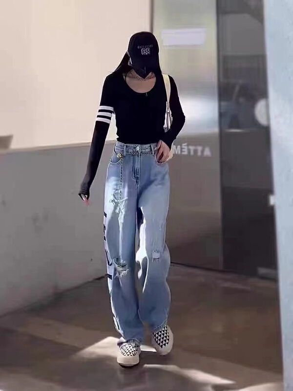 goods in stock! New in early summer! [AI x2 denim] printed hole mopping jeans 3897# hjy