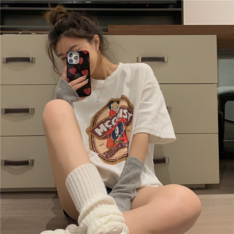 New in early summer! [timely rain] Korean style ins design sense American retro printing cartoon loose short sleeve T-shirt (T-shirt only) 11777# WPL