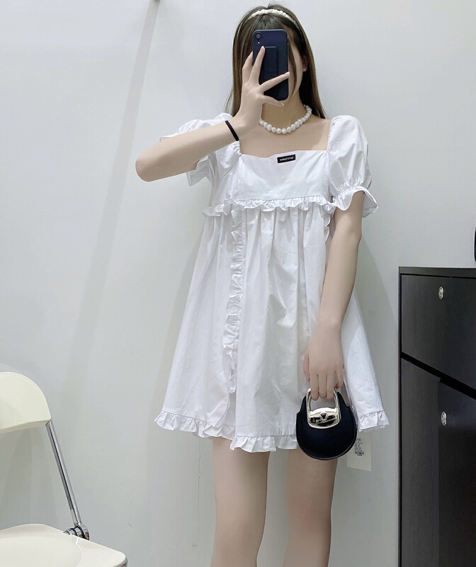 [BL Bertie Leah] Korean version square collar, ear lace up design, sweet dress 23299# XYJ