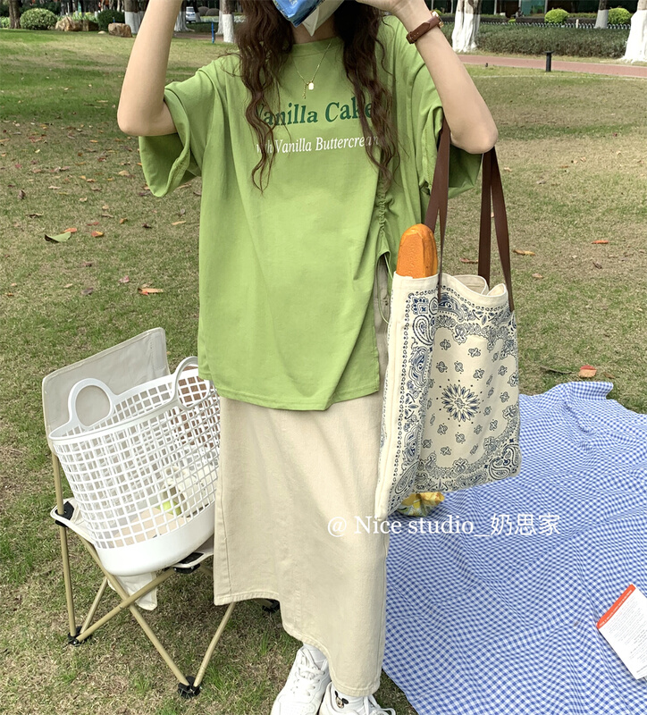 [naisijia] Korean loose pleated print round neck Pullover short sleeve T-shirt 9919# zjy