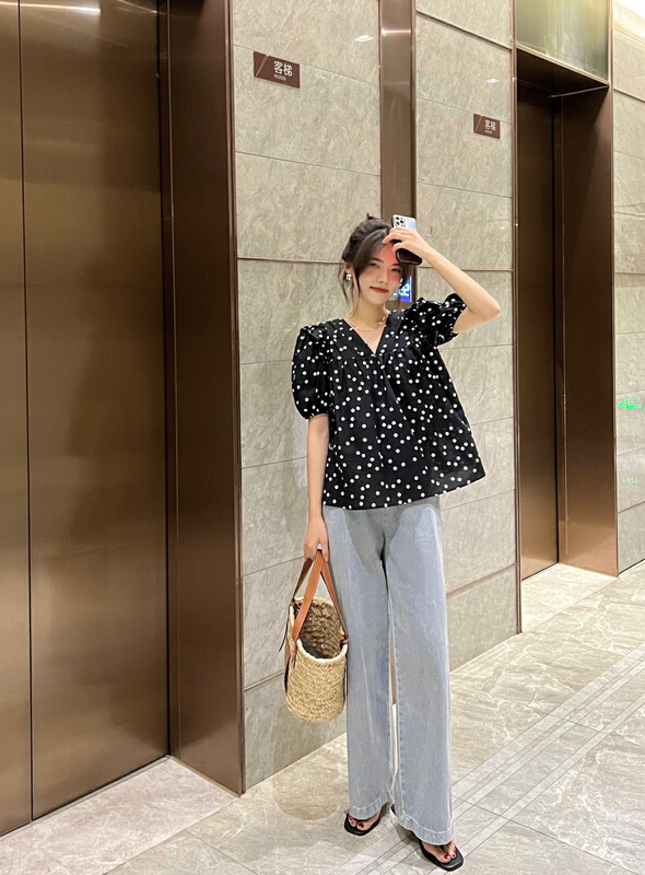 [herb] Korean version wave point V-neck Ruffle shirt s2221157# lwy