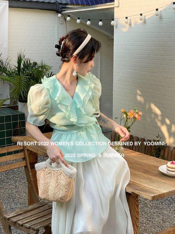 [yoomini] French V-neck Ruffle waist closing slim shirt x12825# WPL