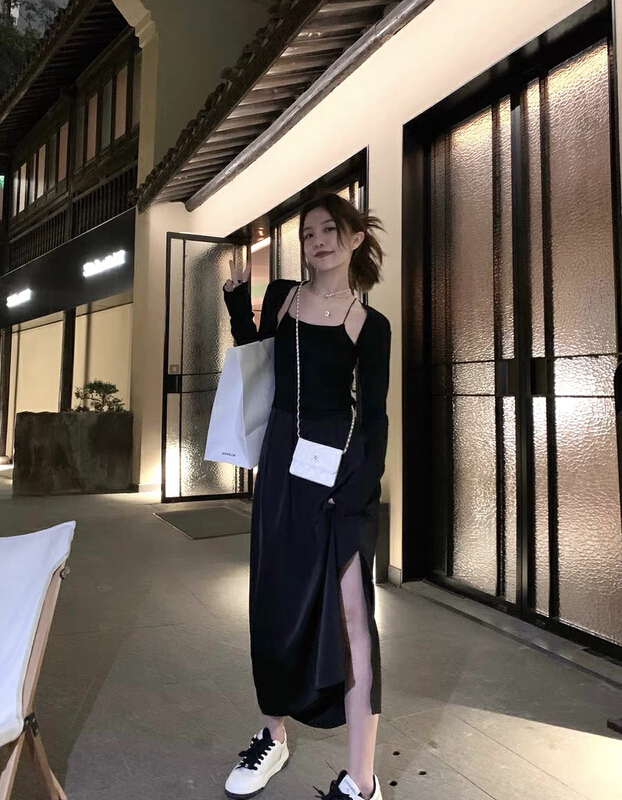 [RM. HH] spliced suspender split minority dress + versatile long sleeved cardigan set 370# ozq