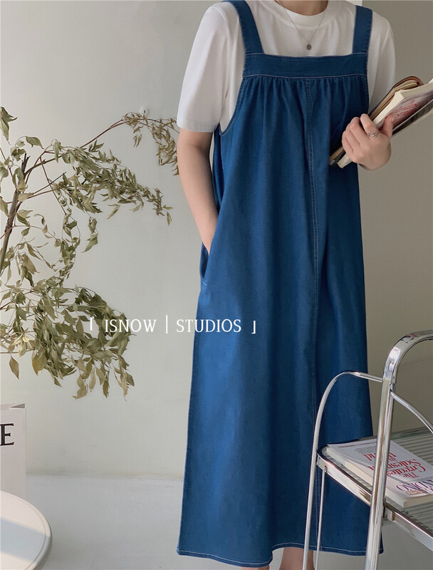[I snow] Hong Kong style retro suspender aging denim dress 262031# jhy