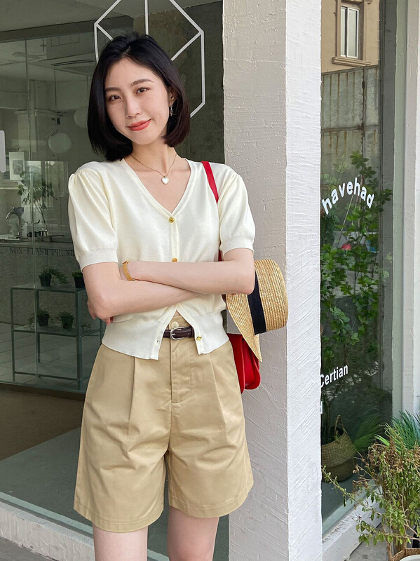 [C for her] Korean V-neck bubble sleeve short sweater 5189# XJ