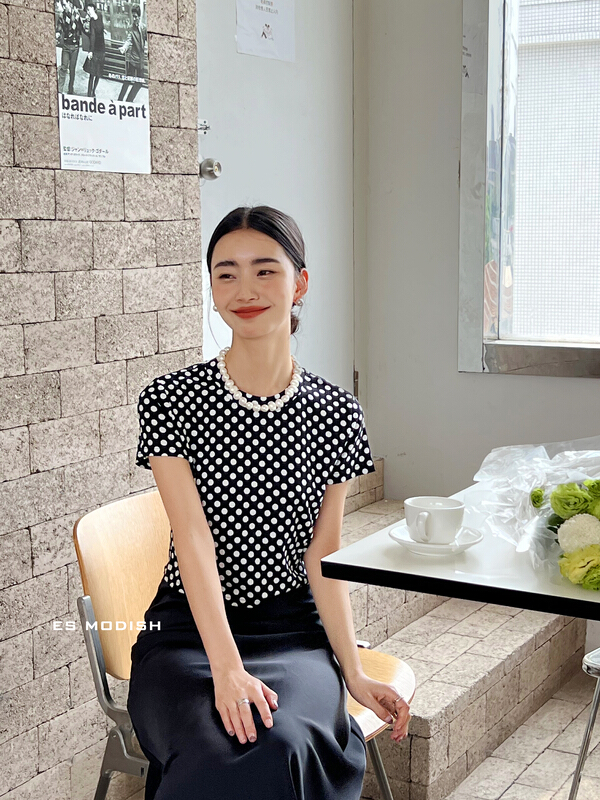 New in early summer! [es modish] crew neck Pullover versatile wave dot short sleeve T-shirt bl1636# XYJ