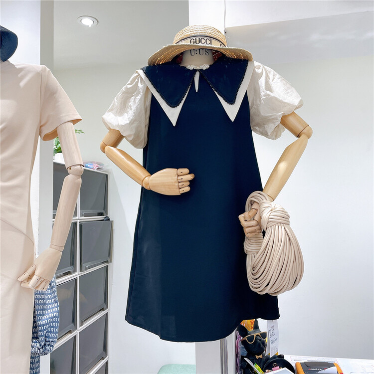 New in early summer! [UUS] college style Navy collar contrast short sleeve dress 221802# zyh