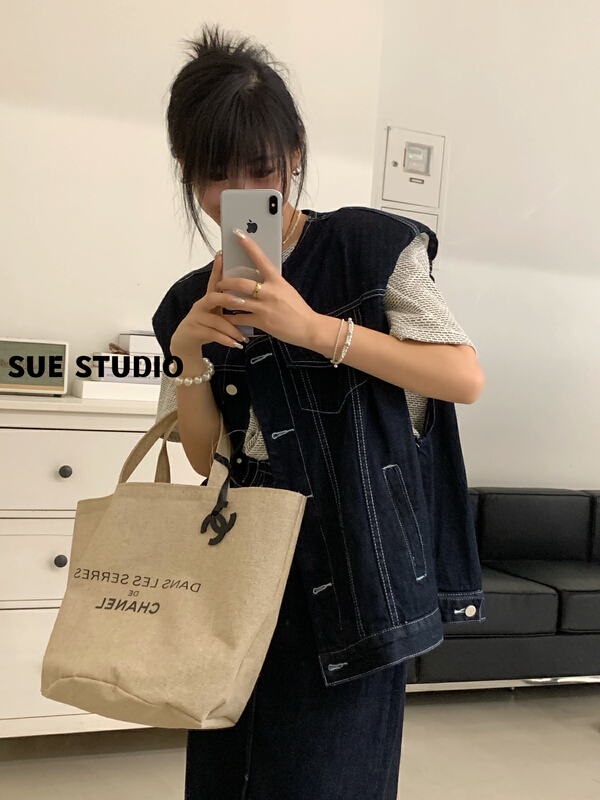 New in early summer! [Sue studio] vintage blue bright line shoulder pad cowboy loose vest 8301# ZSY