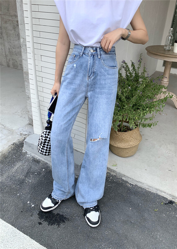 [Qiqi] back pocket contrast Vintage ripped jeans 6138# cqw