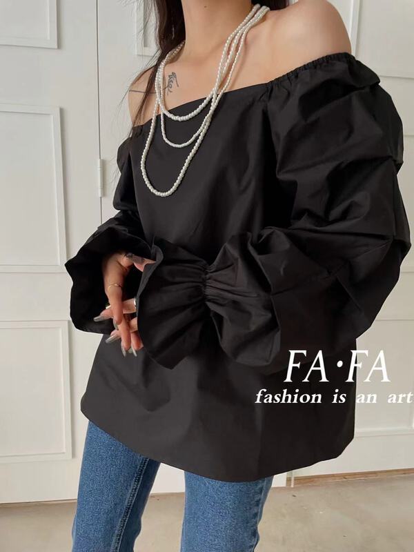 goods in stock! [Fafa] line shoulder micro trumpet sleeve slim shirt 16910# zxl