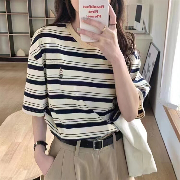 goods in stock! New in early summer! [Naikan Nik] Korean personalized stripe slim fit short sleeve T-shirt 9522# lwy