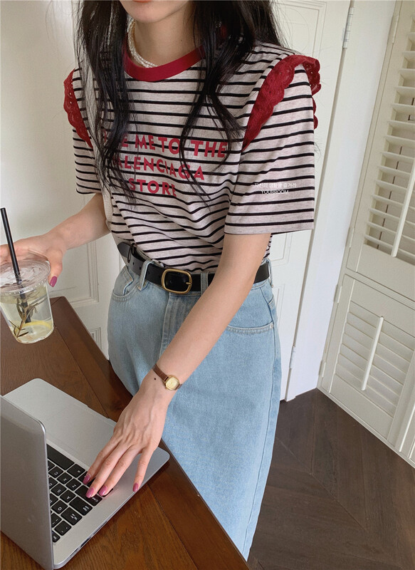 [your room] Korean letter stripe lace short sleeve T-shirt 553# cqw