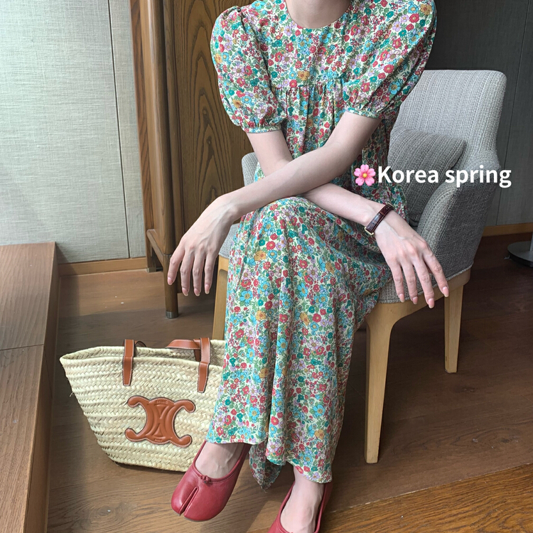 New in early summer! [finoa] Korean casual large hem loose floral round neck dress (dress only) 1015# CLS