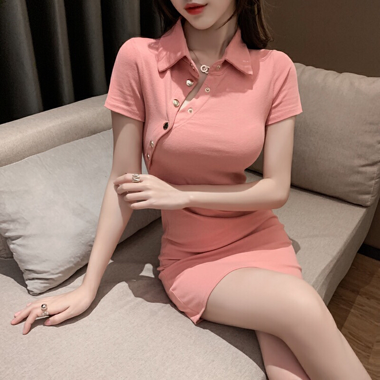 [xinyuanjieyi Xinyuan dressing] Korean slim fitting polo collar dress 238a# Cl