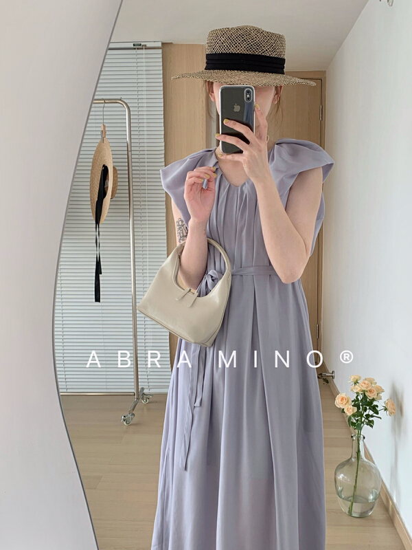 [Abra] V-neck pleated fly sleeve dress (with waist rope) 89391# XJ