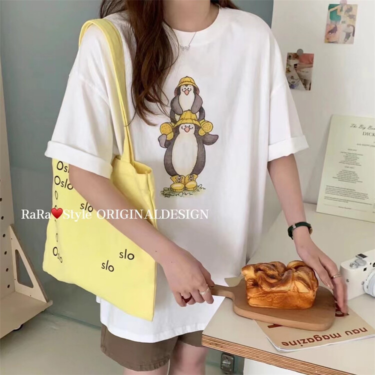 [rara] Penguin print fashion short sleeve T-shirt 19116-26# LSL
