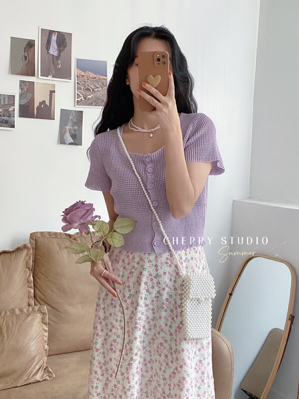 [cherry studio] temperament square collar short single breasted sweater 5211# HBx